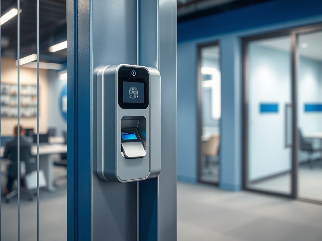 Modern Genetec access control reader with biometric scanner and card reader mounted at facility entrance